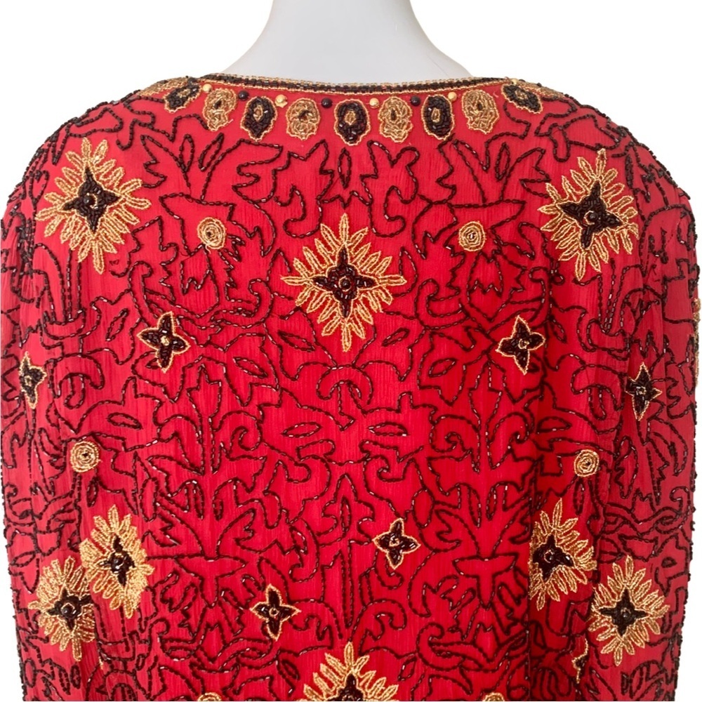 Adrianna Papell Boutique Evening Jacket Vintage 90’s Silk Beaded Red Gold 12 - Picture 12 of 16